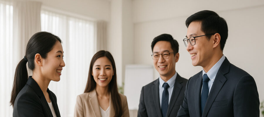 Asian professionals greeting at a business etiquette workshop in Singapore