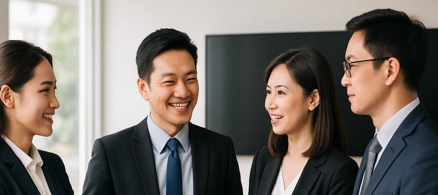 Asian colleagues in business attire discussing during etiquette training