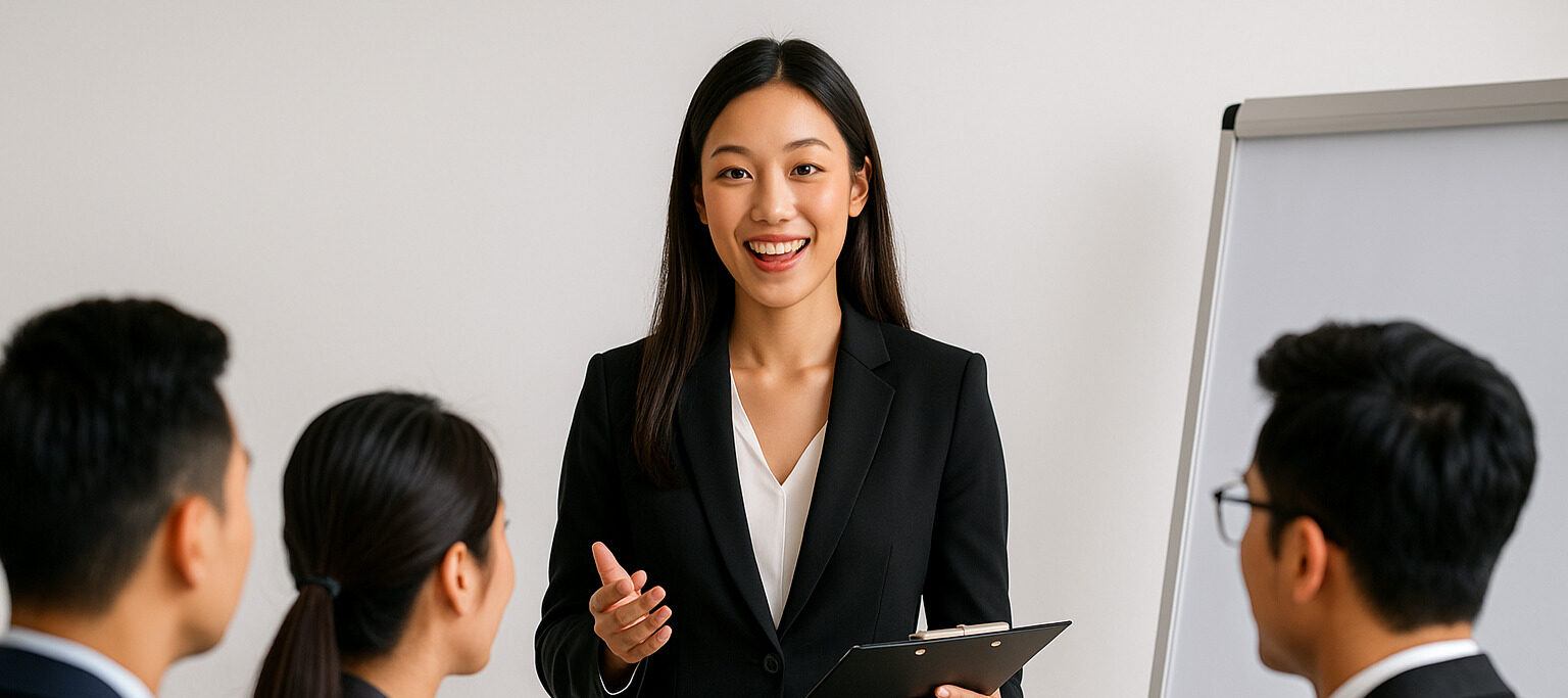 Asian professional presenting confidently in a corporate etiquette class