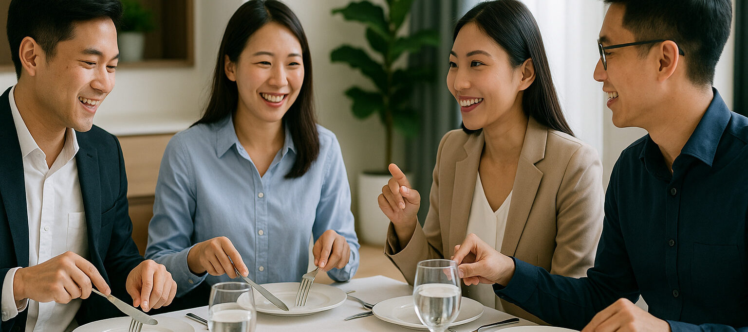Asian colleagues practicing small talk in social etiquette course