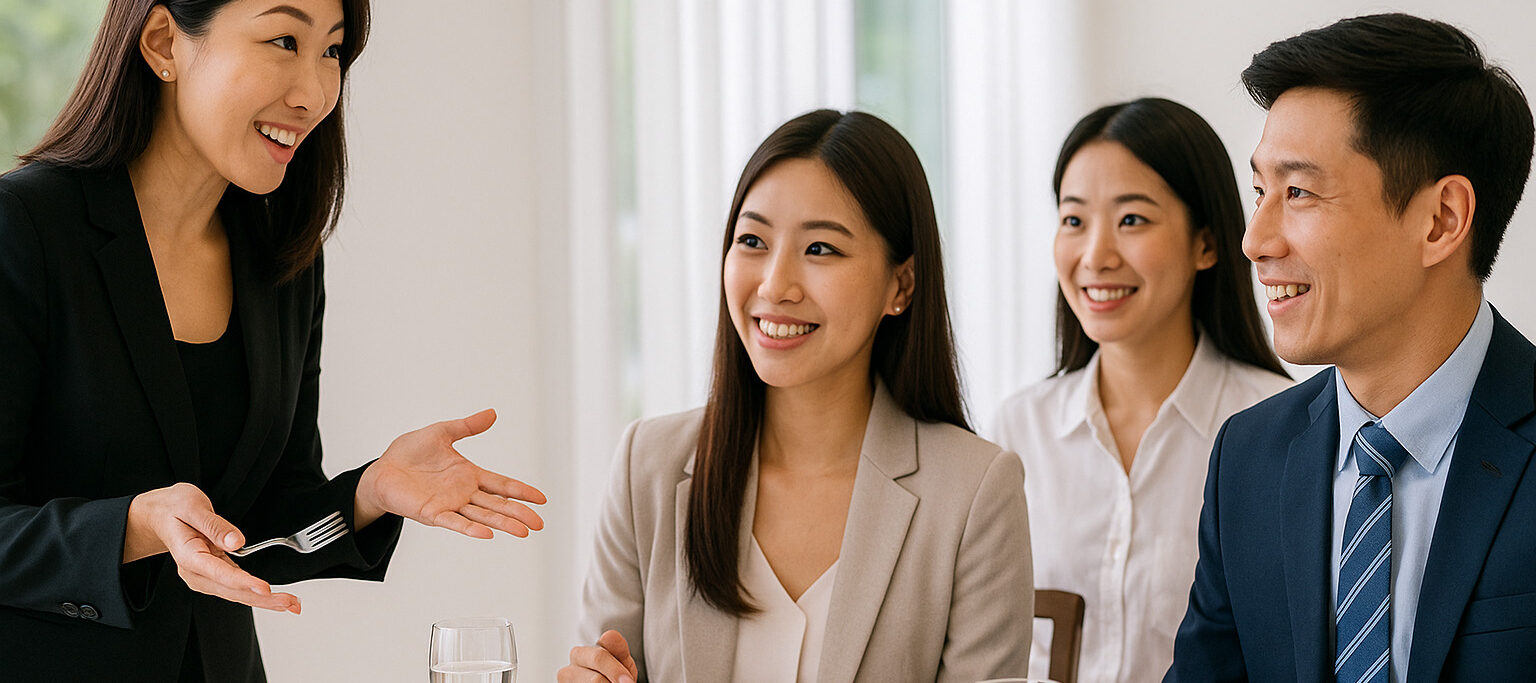 Asian instructor guiding dining etiquette course in Singapore