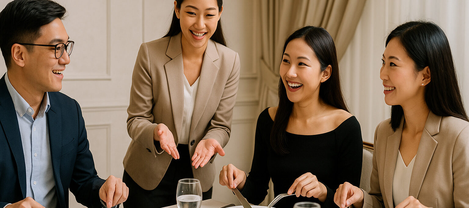 Asian participants role-playing in a formal dining etiquette workshop