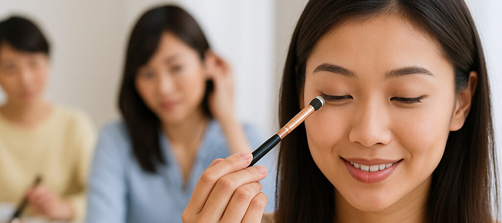 Asian woman learning makeup application in class