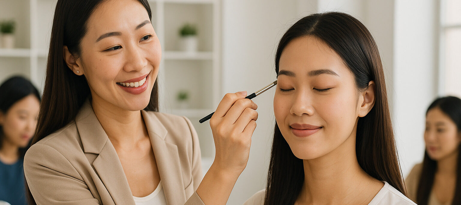 Asian beauty trainer demonstrating makeup techniques