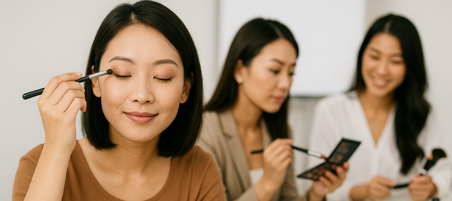 Asian participants practicing makeup techniques in class