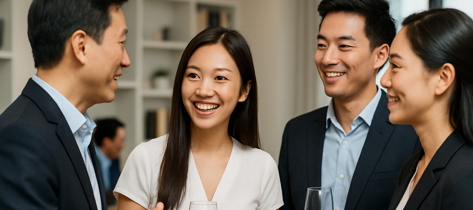 Asian professionals networking during social etiquette training
