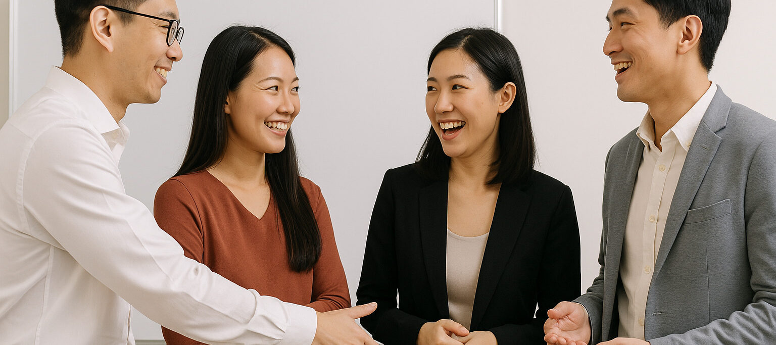 Asian group role-playing social etiquette scenarios