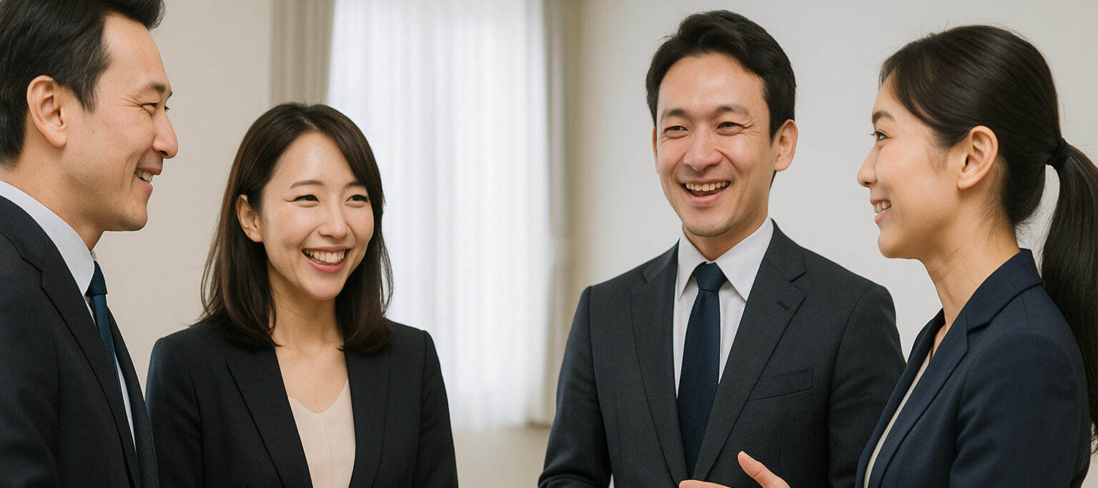 Asian professionals practicing etiquette in group training